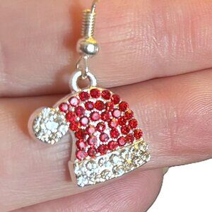 1 1/4" Festive Sparkly Shiny Red and Clear CZ Santa Hat Christmas Earrings New